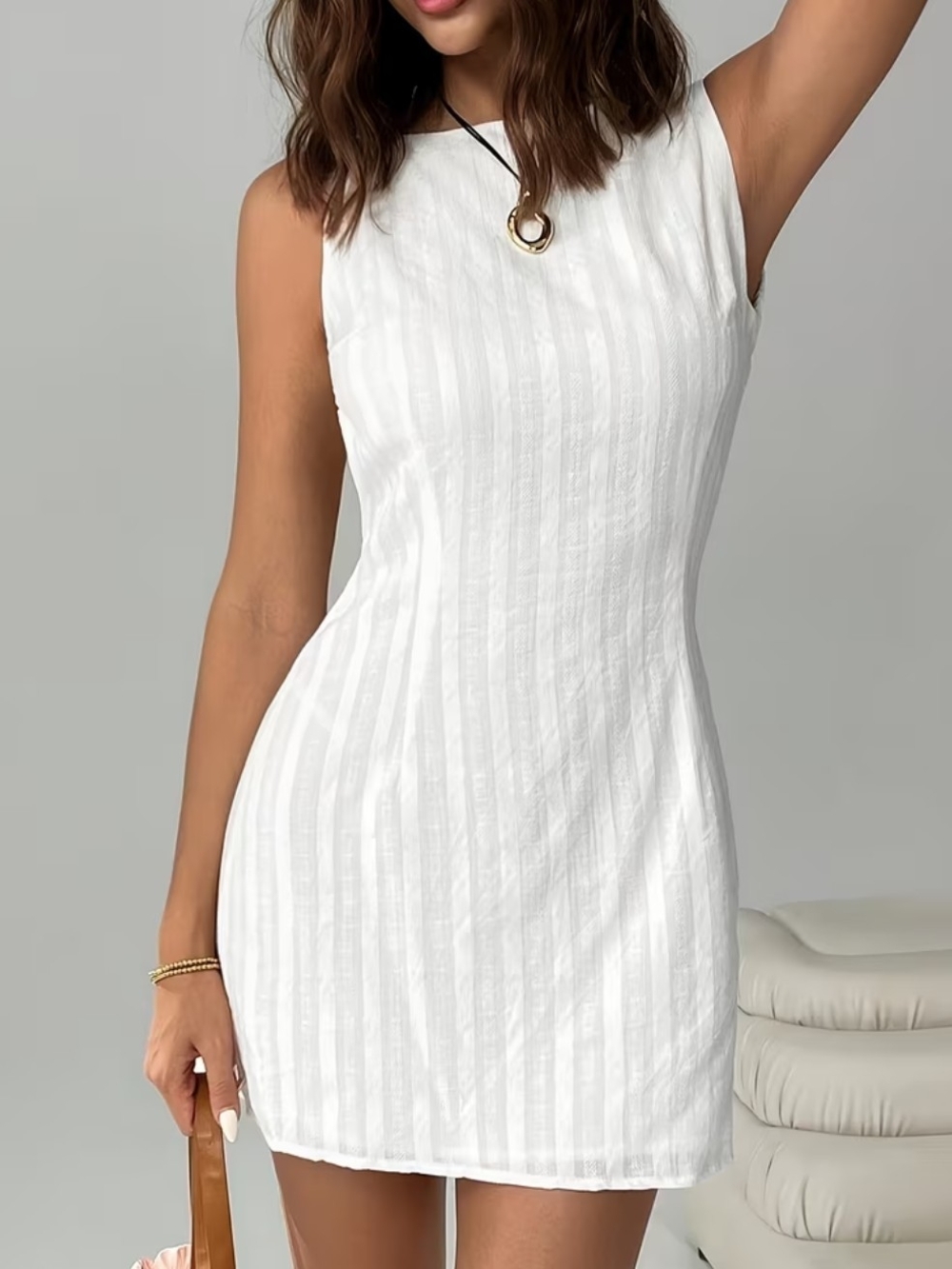 Sleeveless White Textured Sheath Dress